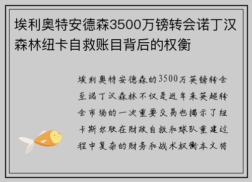 埃利奥特安德森3500万镑转会诺丁汉森林纽卡自救账目背后的权衡